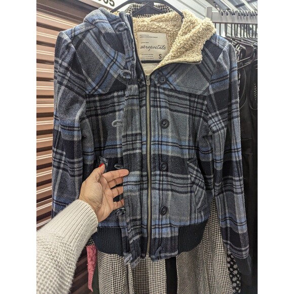 aeropostale Size Small Blue Plaid Flannel Bomber Wool Blend Coat With Hood - Picture 2 of 9